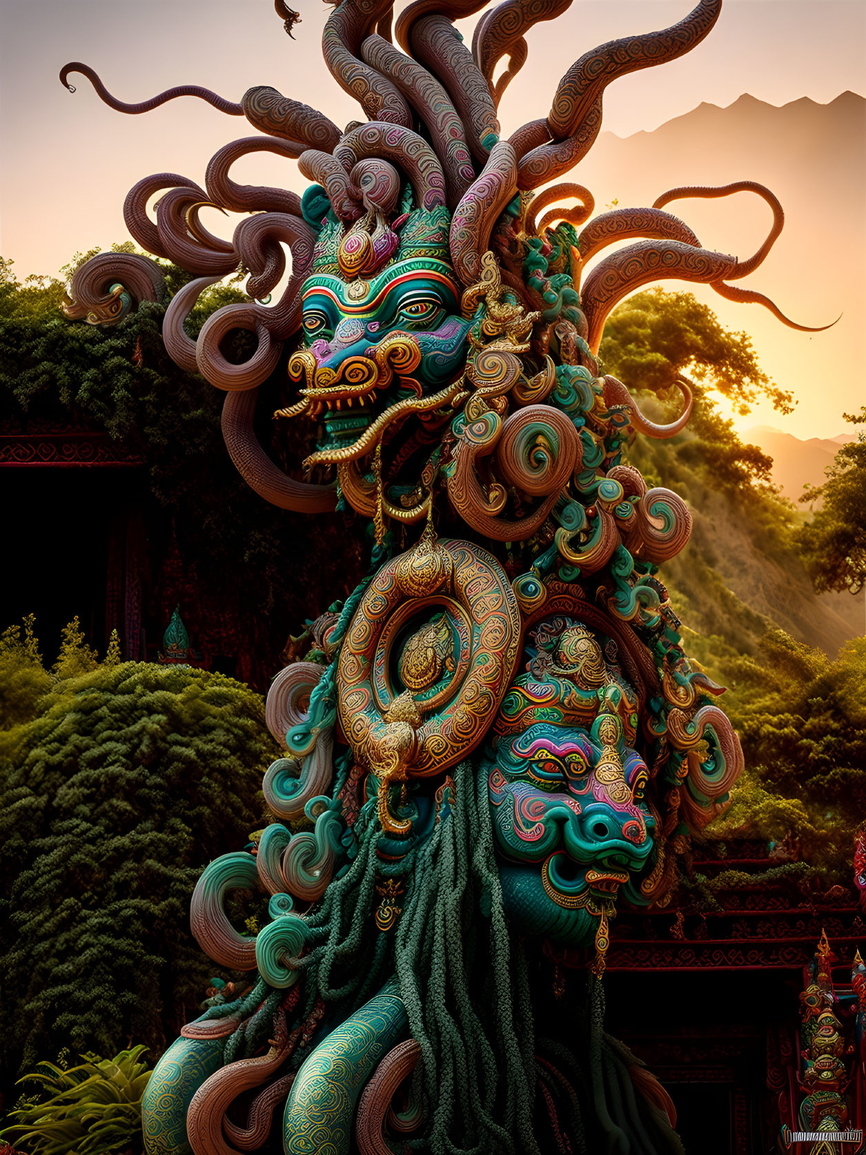 Colorful Serpentine Statue Against Sunset Mountains and Temple