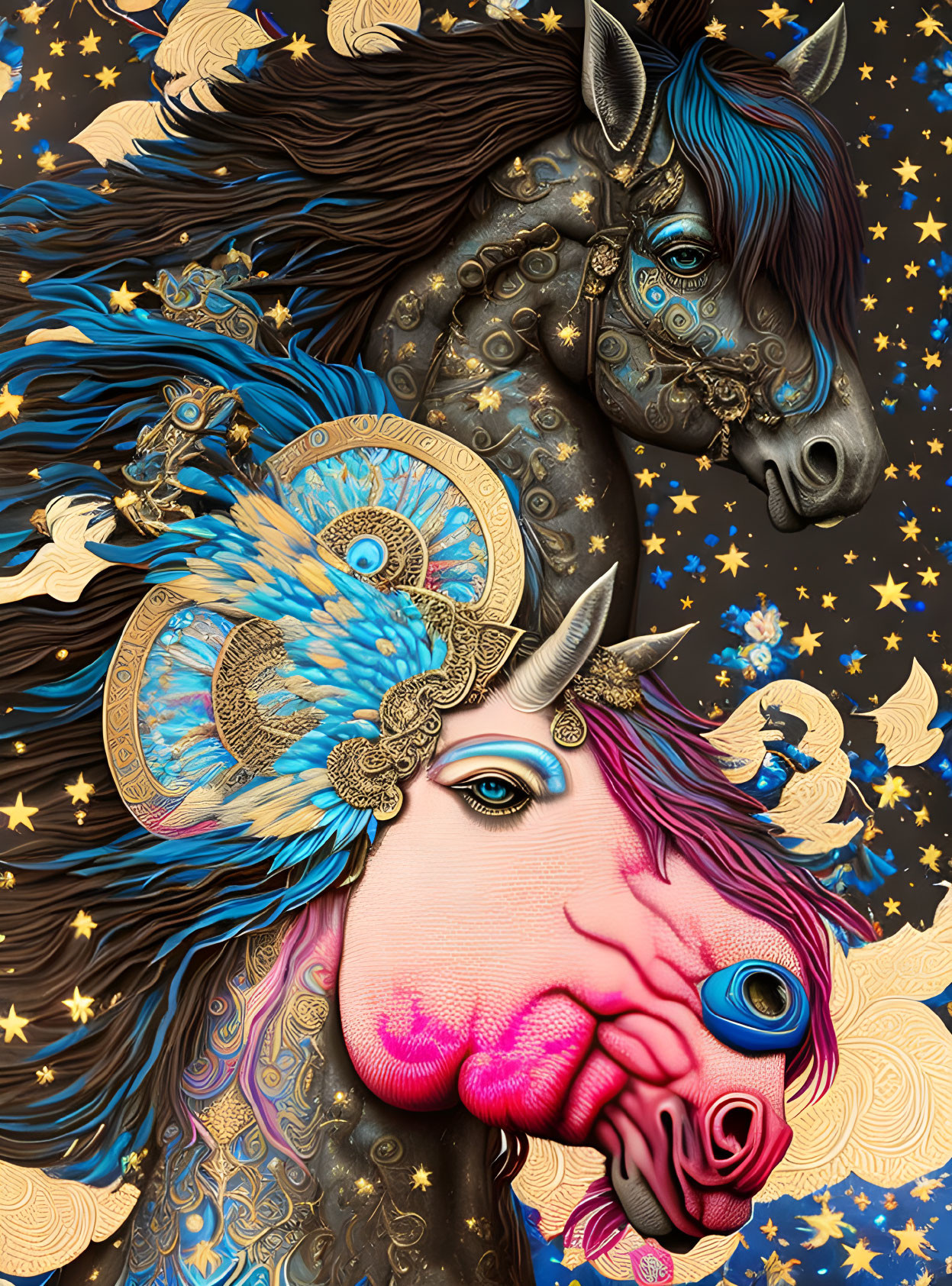 Detailed horse and unicorn illustration with golden tack on starlit backdrop