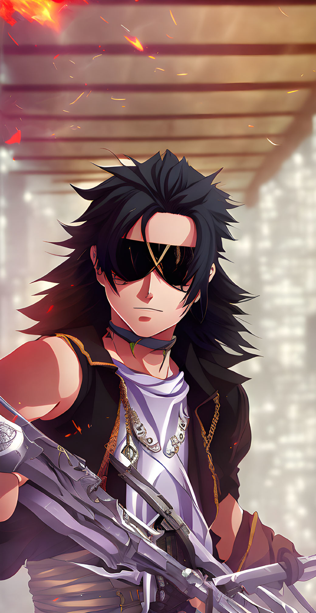 Anime-style male character with black hair and eye-patch holding a mechanical weapon against fiery backdrop