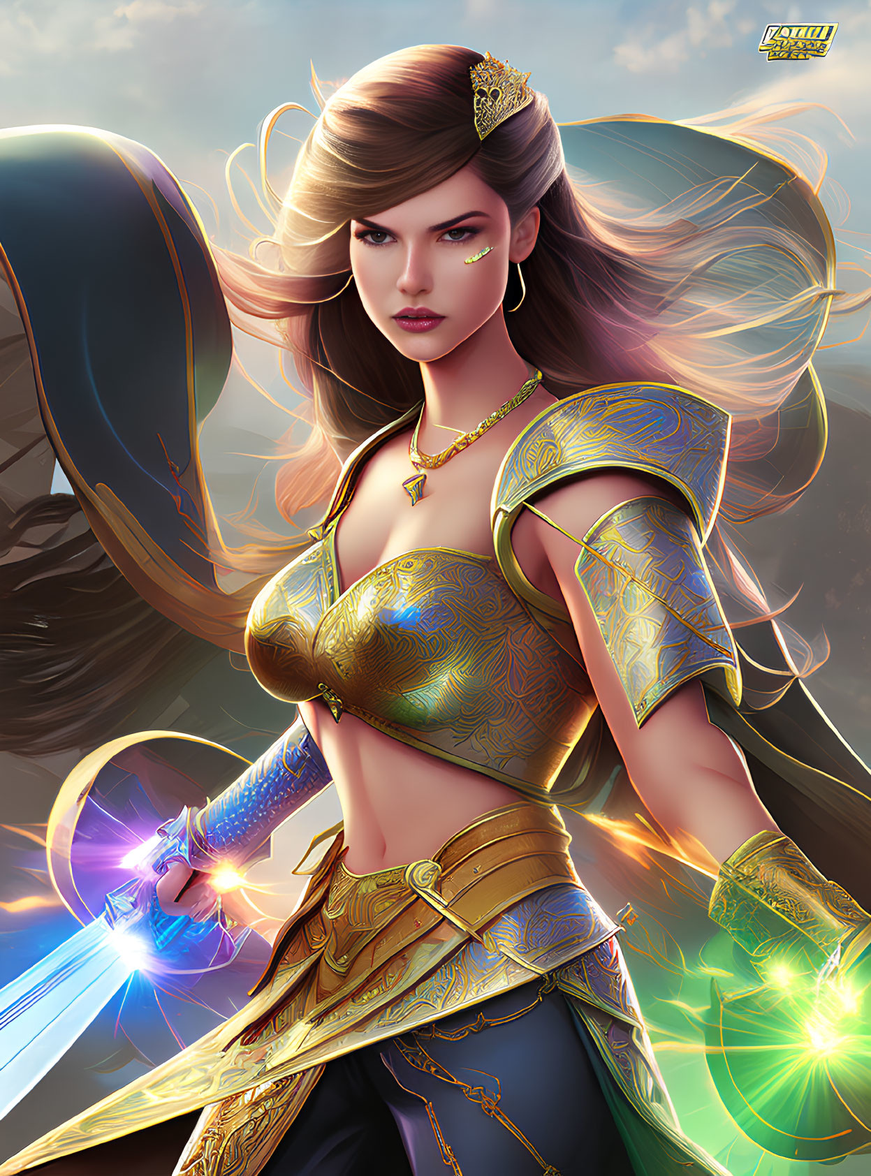 Fantasy warrior woman in golden armor with glowing sword against dramatic sky.