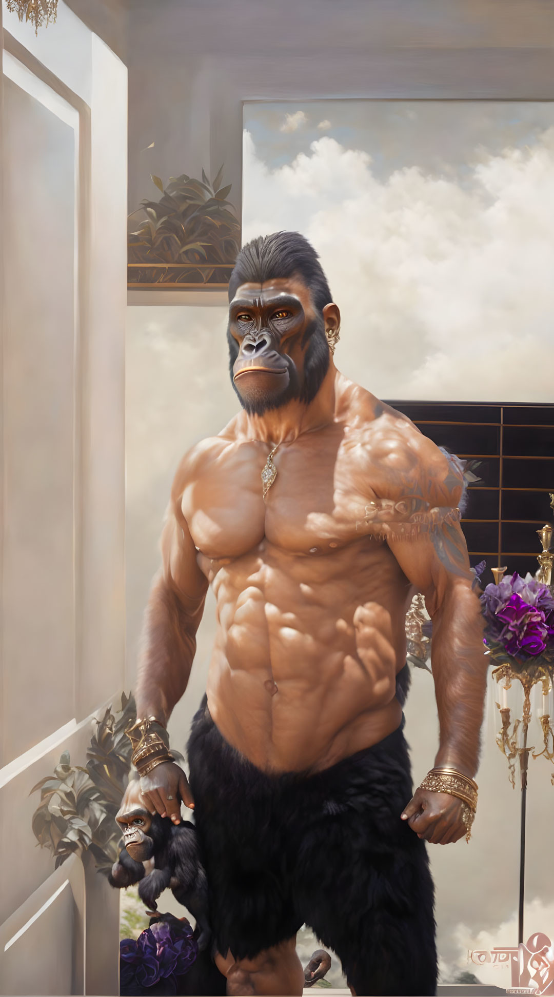 Muscular anthropomorphic gorilla holding black panther in luxurious interior