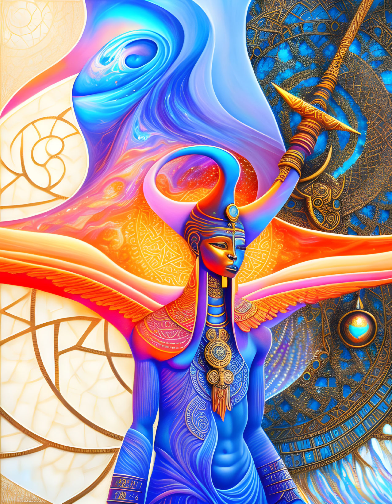 Colorful Psychedelic Illustration of Blue-Skinned Figure with Egyptian Headdress