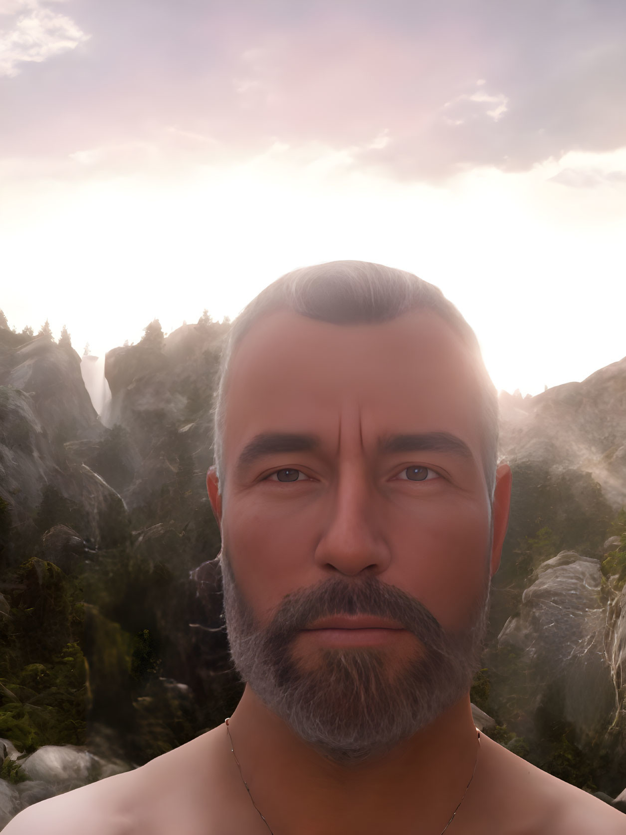 Bearded man with grey hair in front of mountain and waterfall backdrop