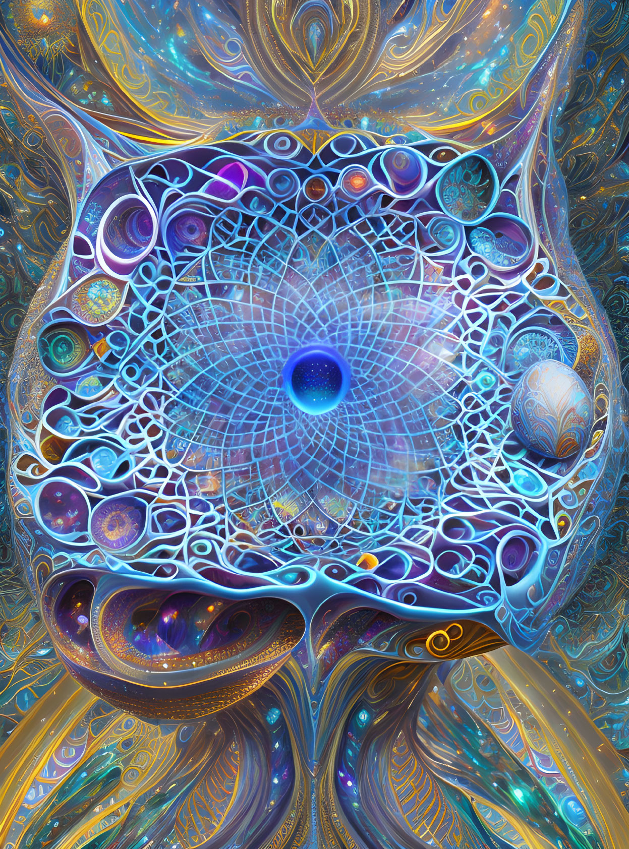 Colorful Psychedelic Digital Artwork with Cosmic Patterns and Mandala Eye