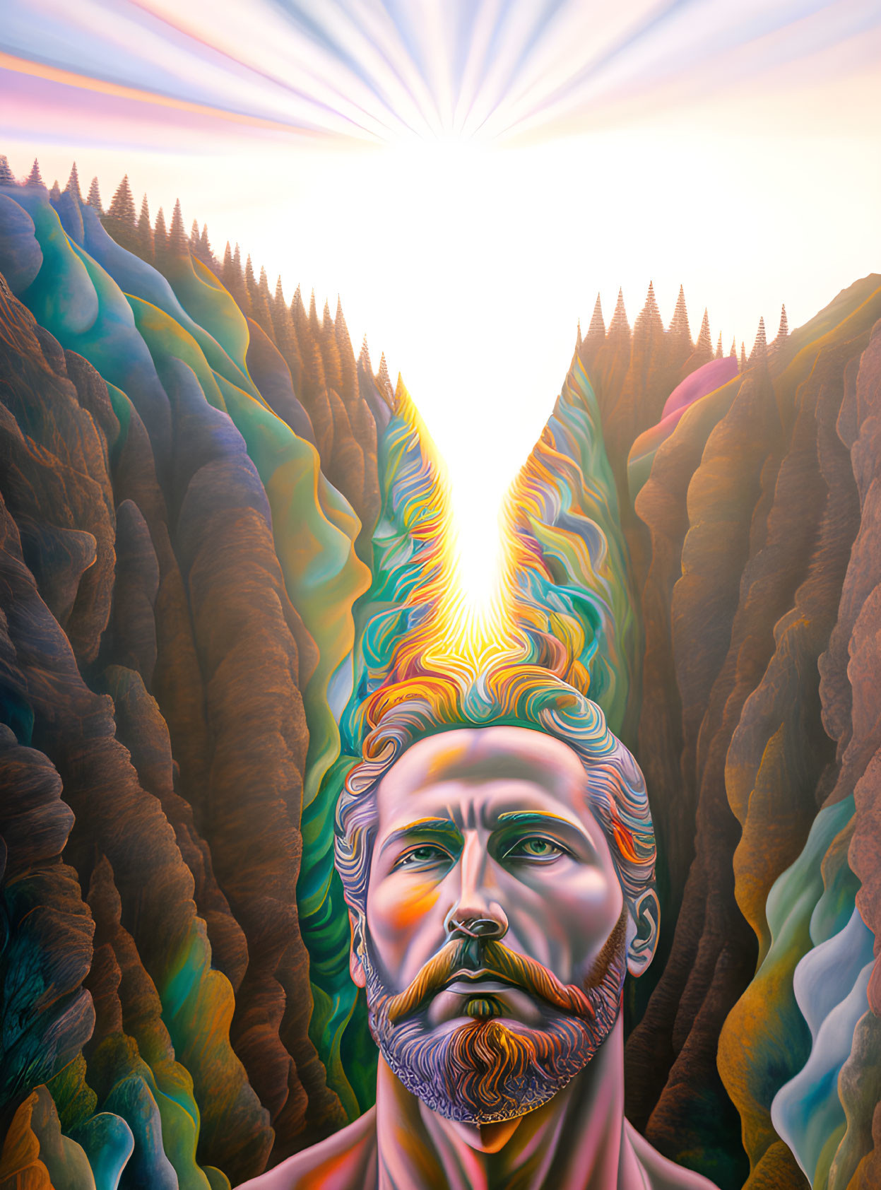 Colorful bearded man merges with mountain landscape under sunburst