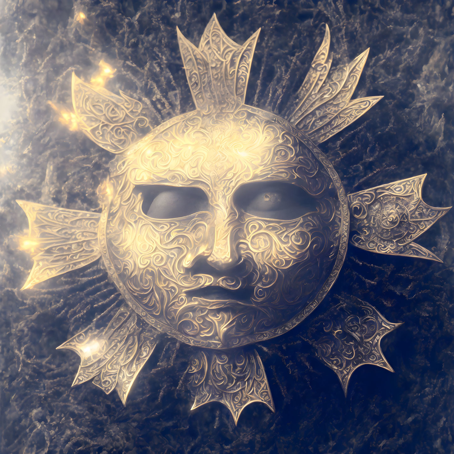 Sun with Human-like Face and Intricate Patterns on Textured Background