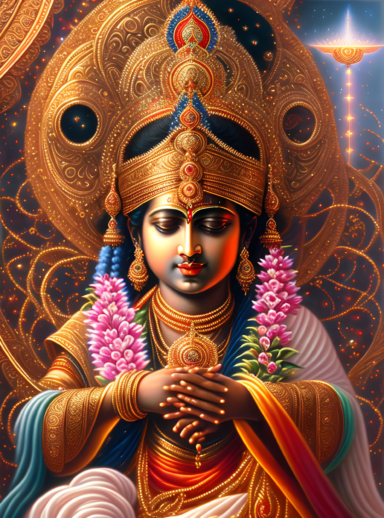 Illustration of Hindu goddess with multiple arms and ornate gold headgear in cosmic backdrop