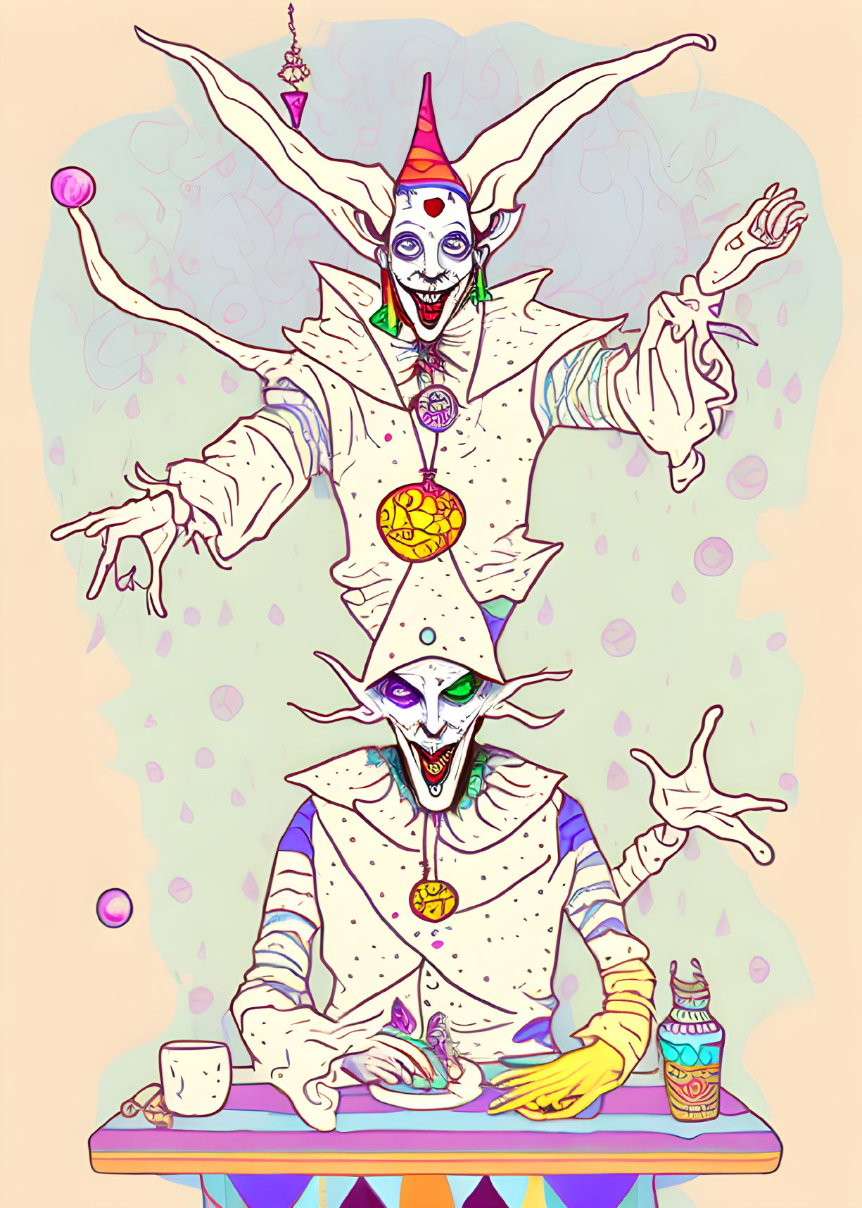 Colorful illustration: Two clowns with elongated limbs in vibrant costumes performing amidst floating orbs and conf