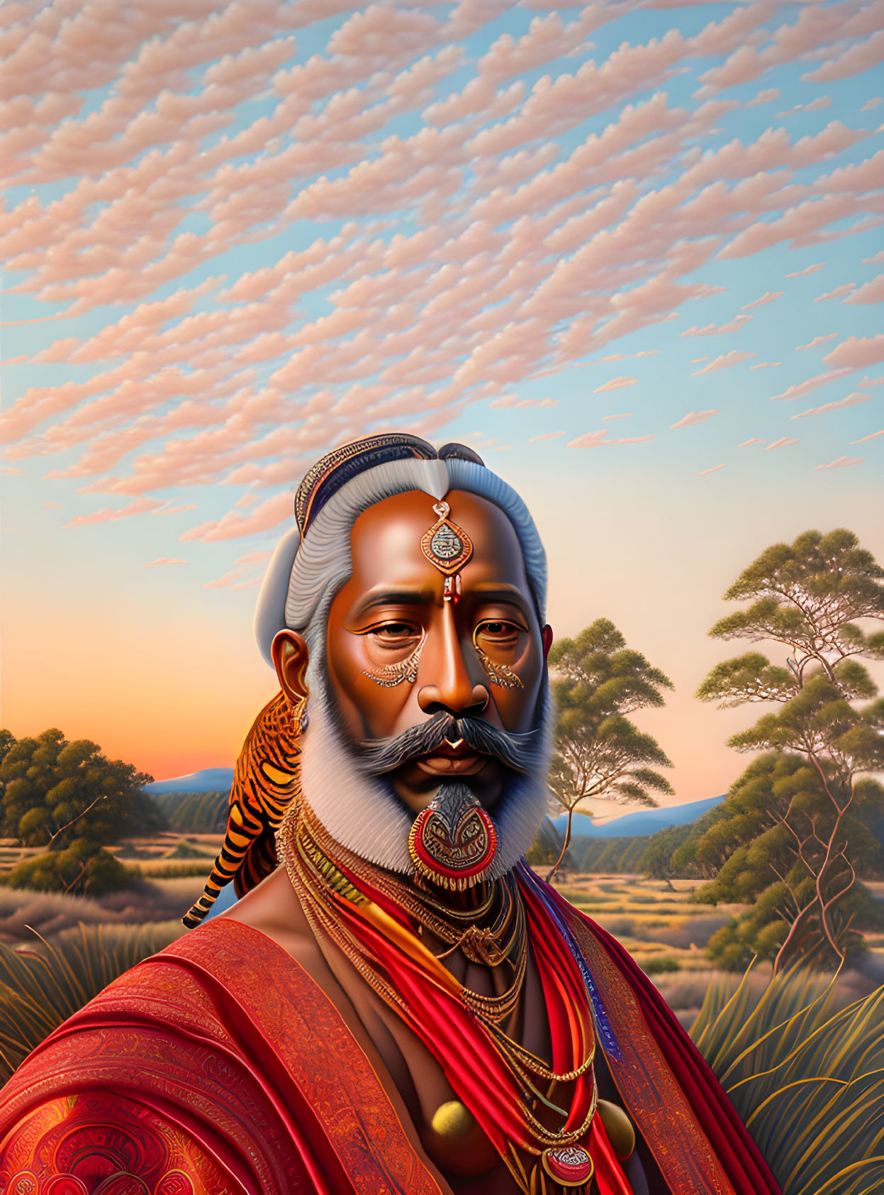 Regal man with beard in traditional attire on African savannah at sunset