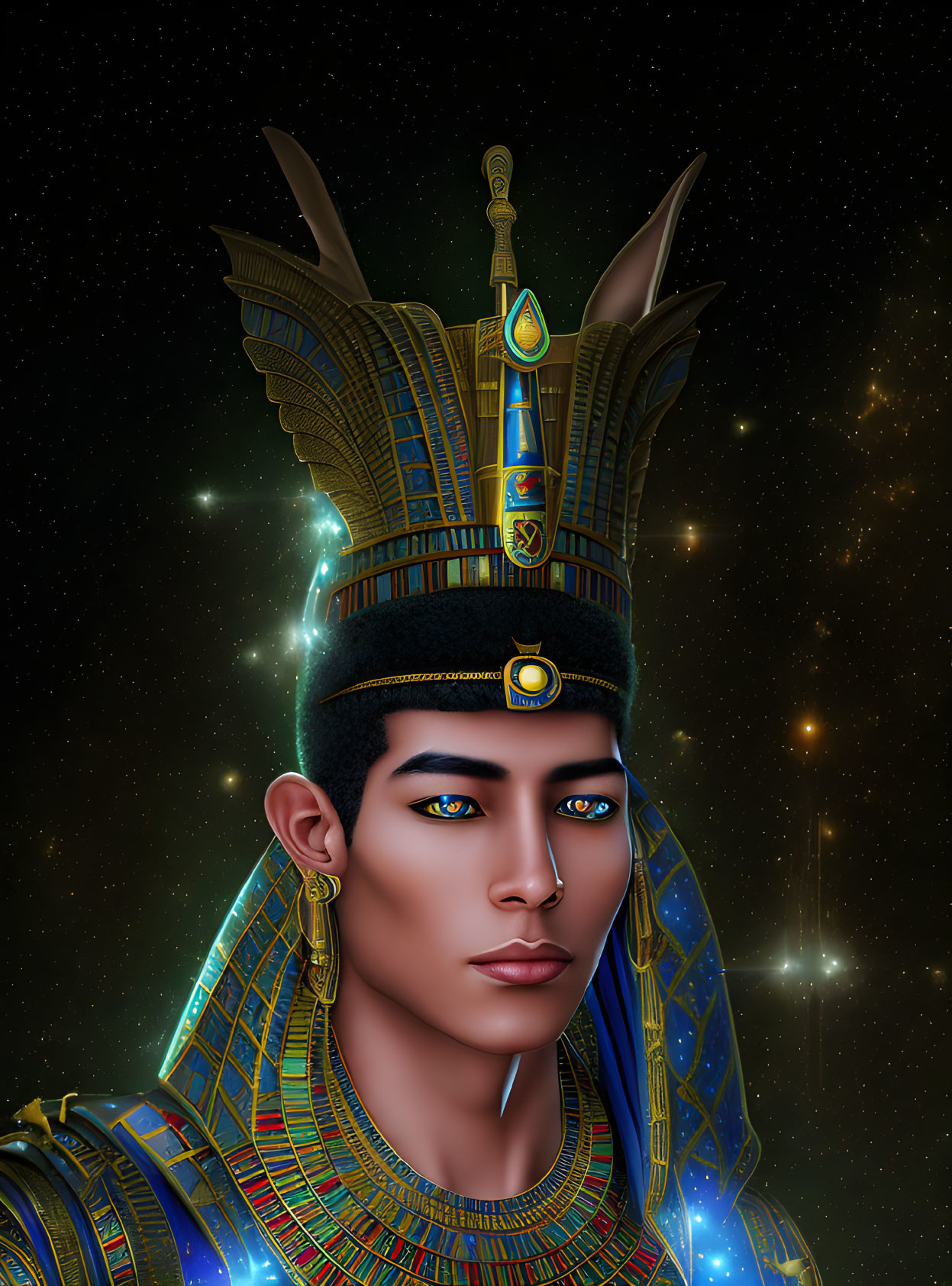 Digital portrait of a person in Egyptian pharaoh headdress against star-lit backdrop