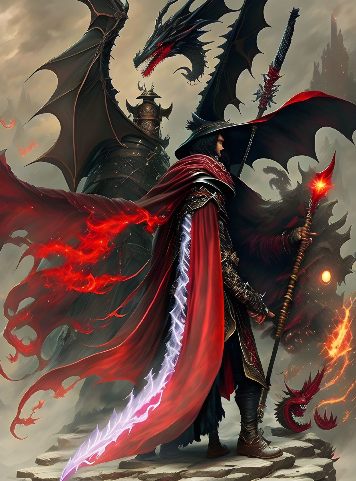Warrior in red cloak wields glowing sword against colossal dragon