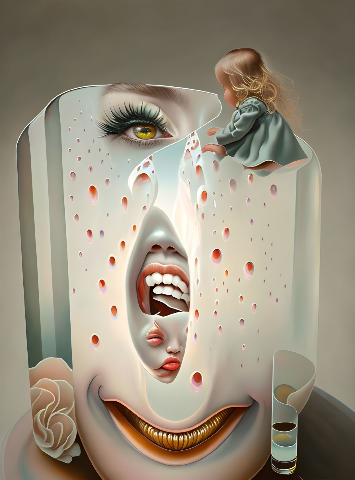 Layered Face with Child and Melting Features in Surreal Painting