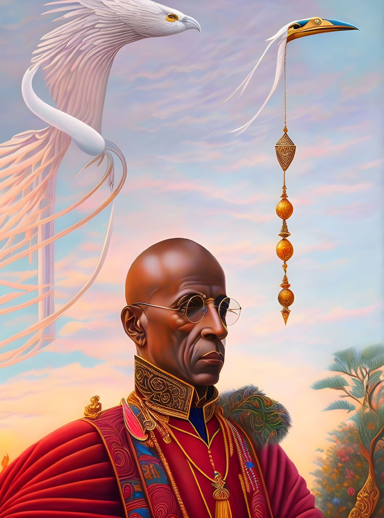 Regal bald figure in red and gold robes with glasses, accompanied by surreal white bird.