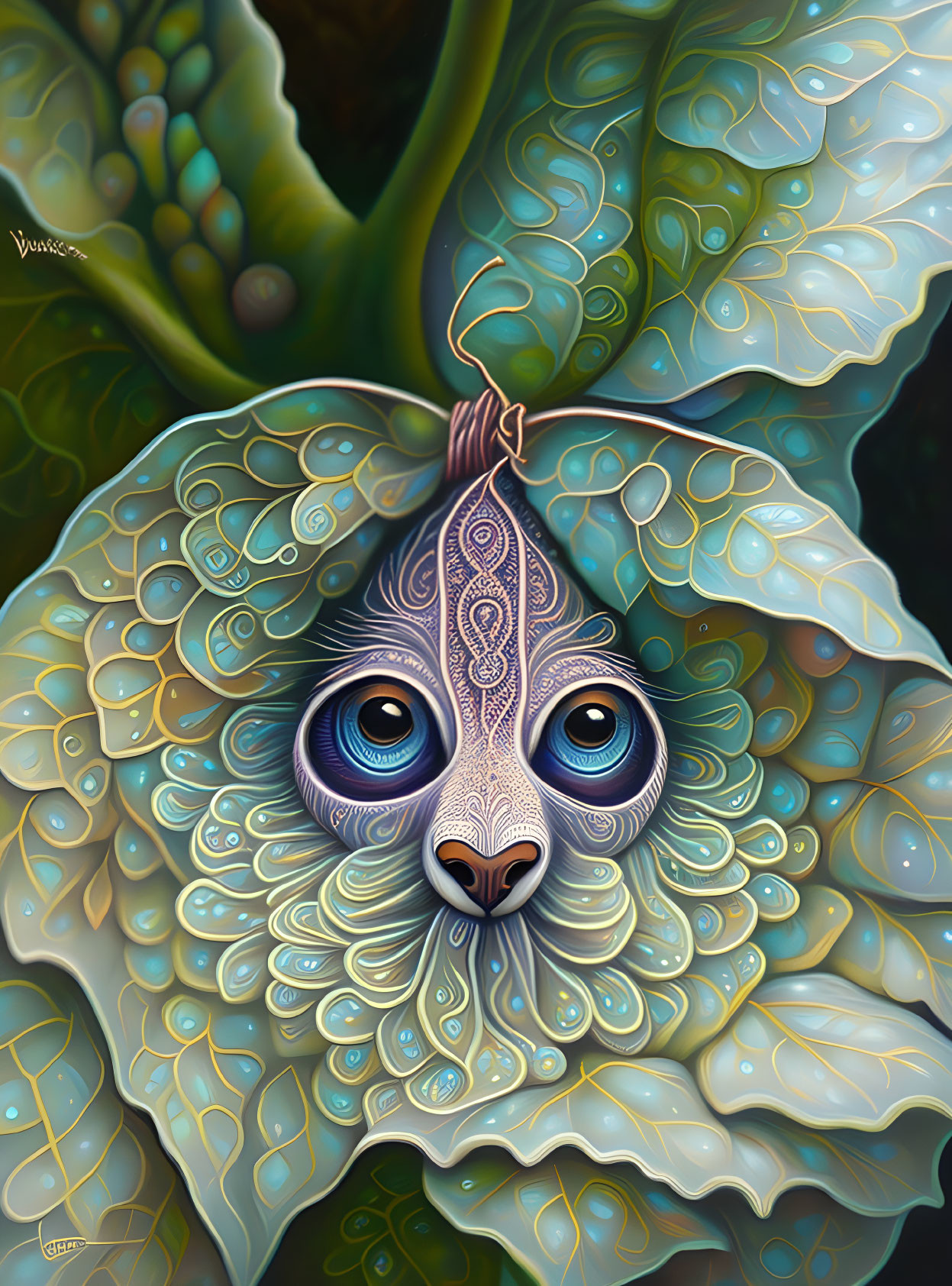 Illustration of mystical creature with blue eyes and ornate facial features.