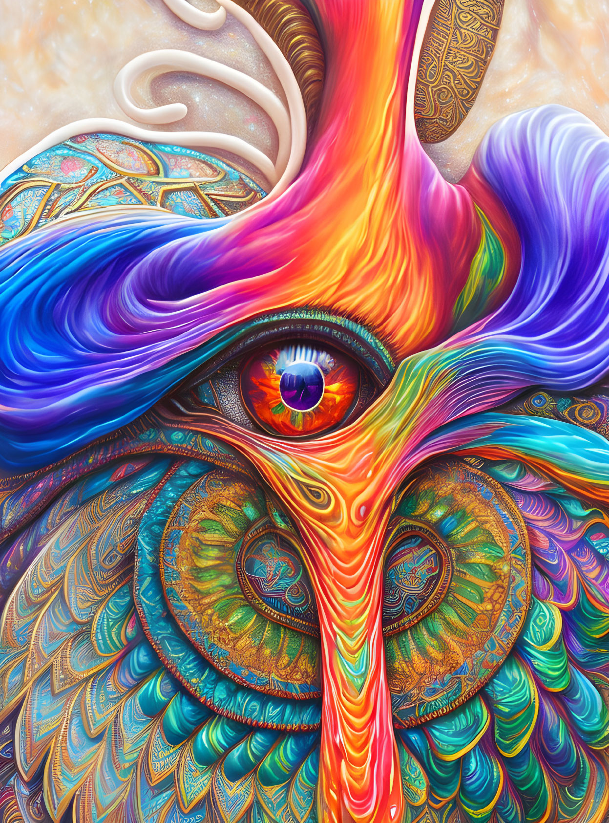 Colorful Psychedelic Eye Artwork with Feathers and Swirls