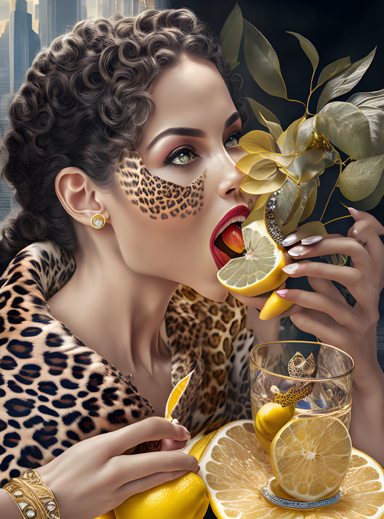 Woman with Leopard Print Accessory Bites Lemon Slice in Luxurious Setting