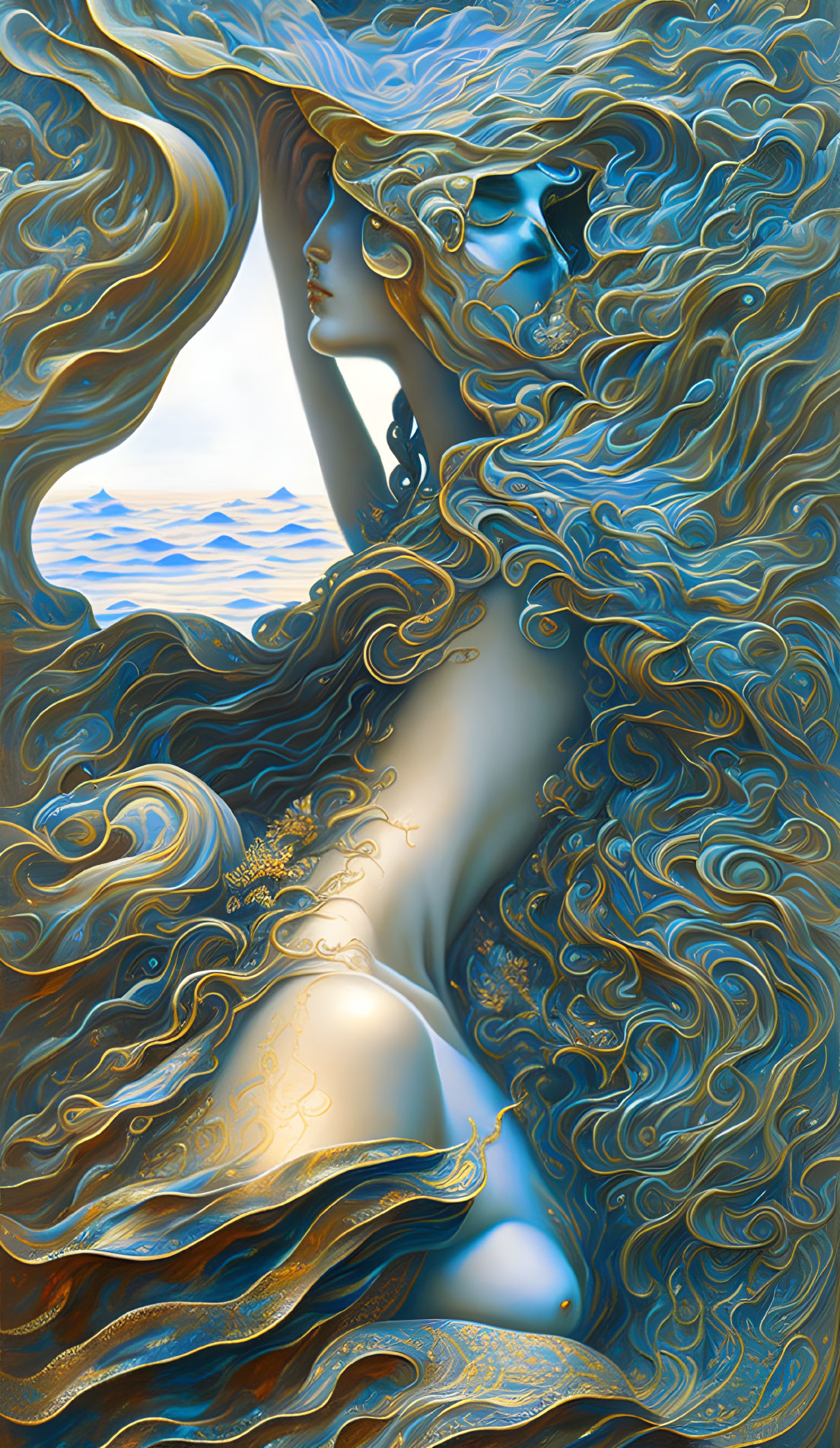 Female Figure with Golden Hair Merging with Ocean Waves in Blue Sea Background