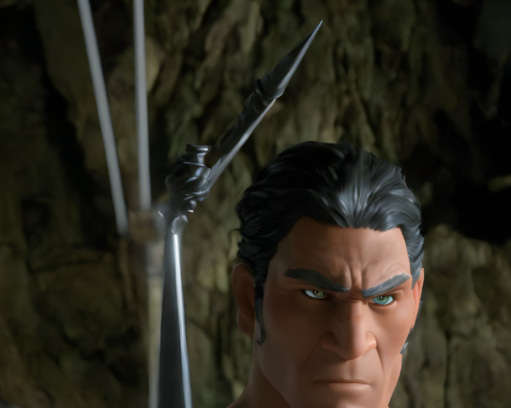Close-up Animated Male Character with Spear and Intense Eyes against Rocky Backdrop
