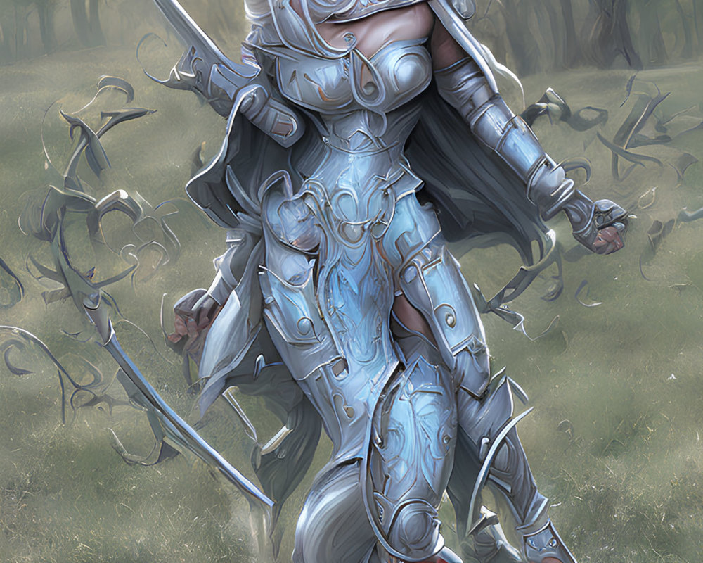 Warrior woman in silver armor with spear on misty battlefield