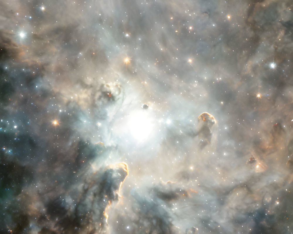 Bright central star surrounded by intricate celestial clouds and stars.