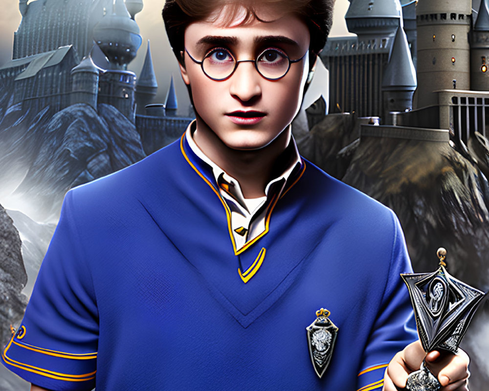 Young wizard in glasses with wand against castle backdrop