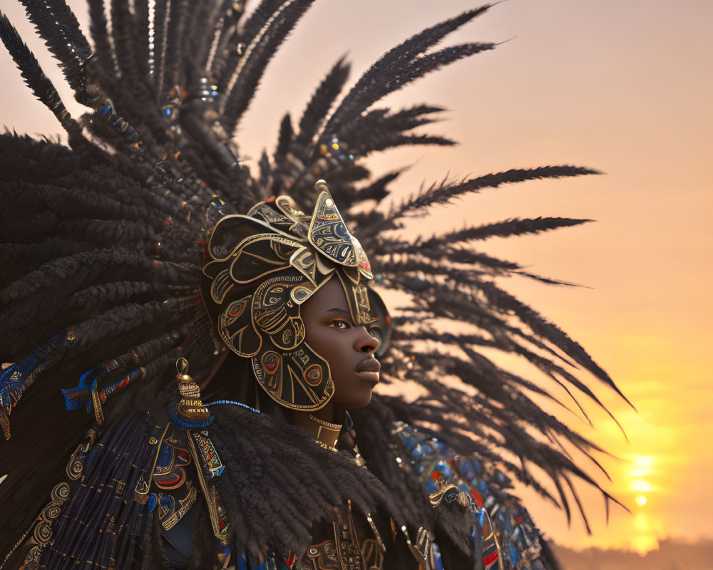 Intricate tribal headgear and face paint against warm sunset sky