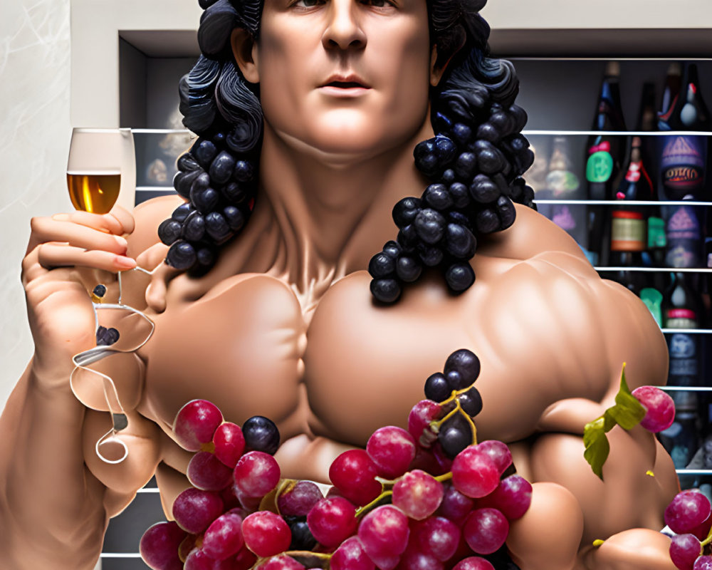 Vibrant illustration of muscular figure with grapevines, wine glass, and grapes.