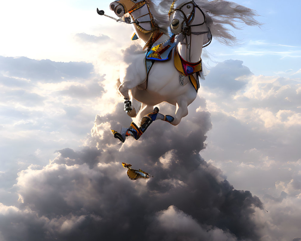 Whimsical carousel horse with wings in serene blue sky