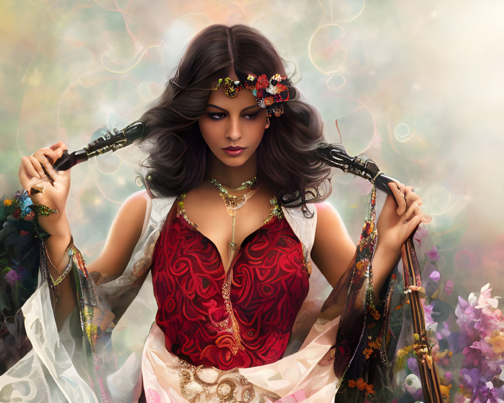 Mystical woman with jewelry in colorful floral setting holding a flute