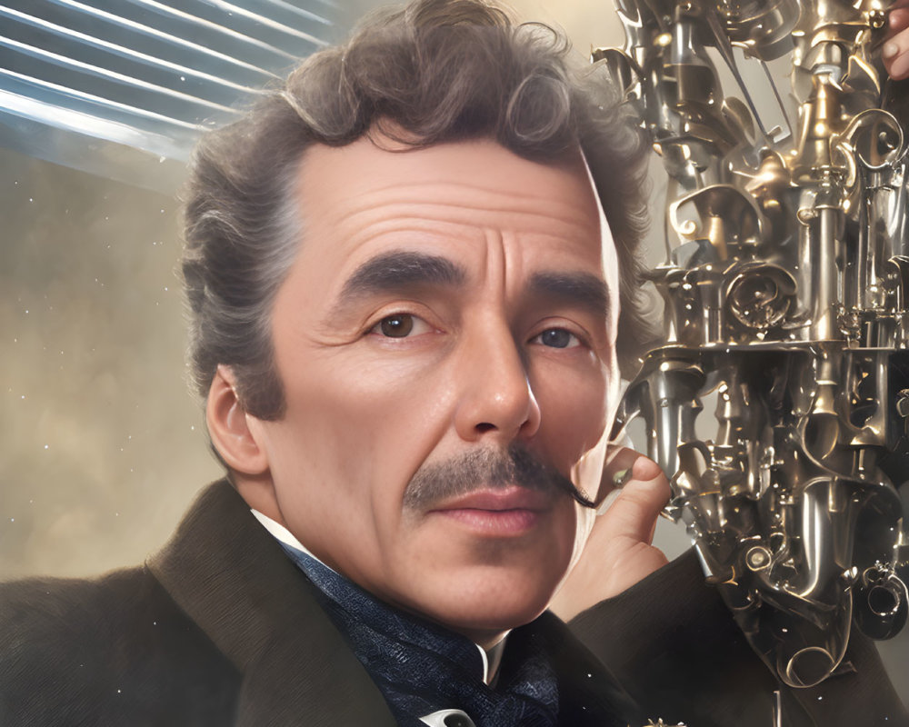 Victorian-Era Man with Mustache Holding Scientific Instruments