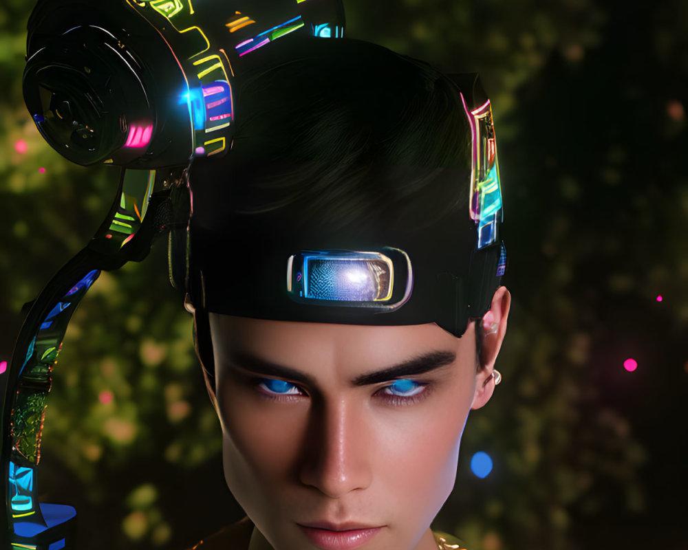 Person with Blue Eyes in Futuristic VR Headset on Green Bokeh Background