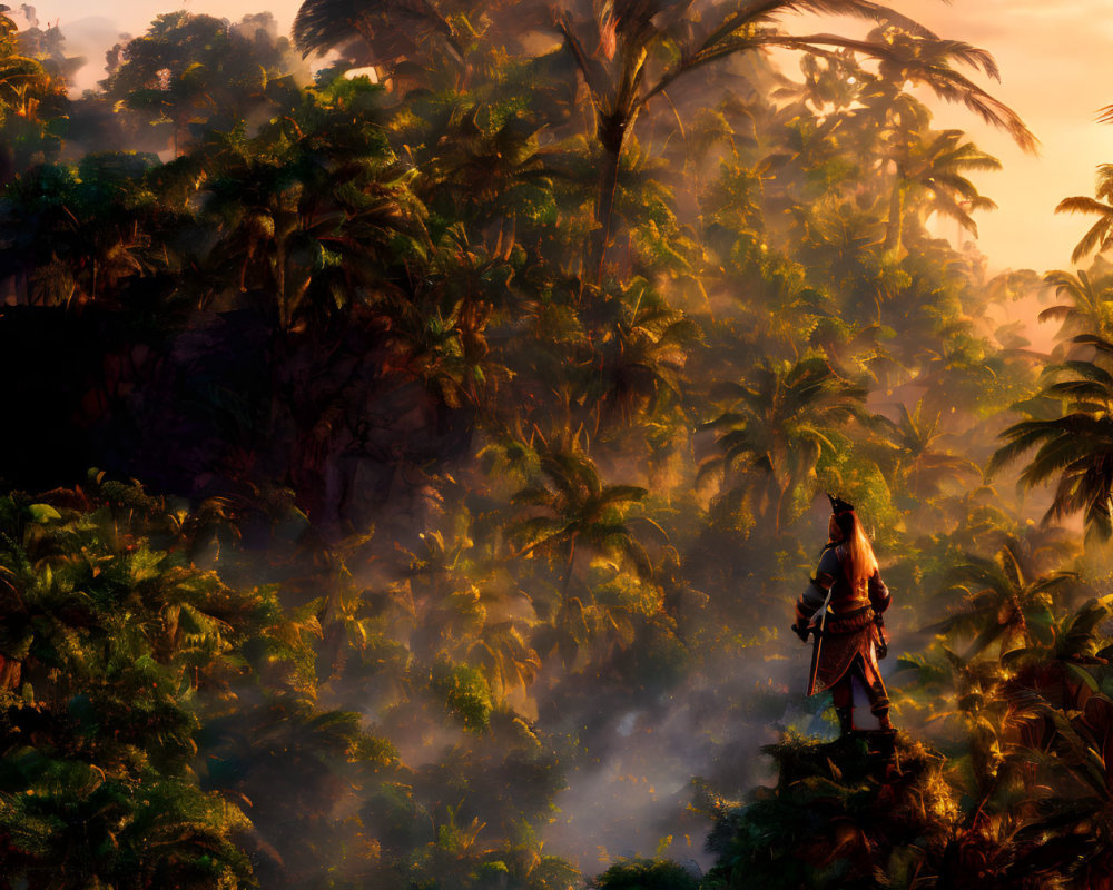 Figure in lush jungle at sunrise overlooking misty landscape