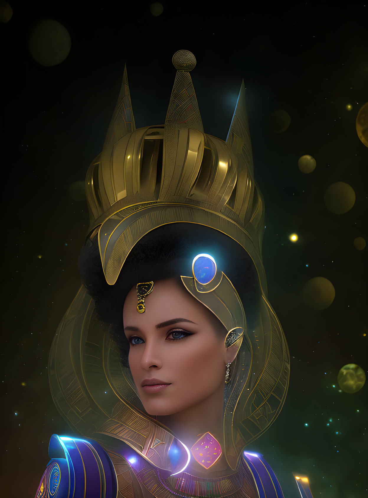 Woman portrait with ornate golden crown and cosmic designs on starry background.