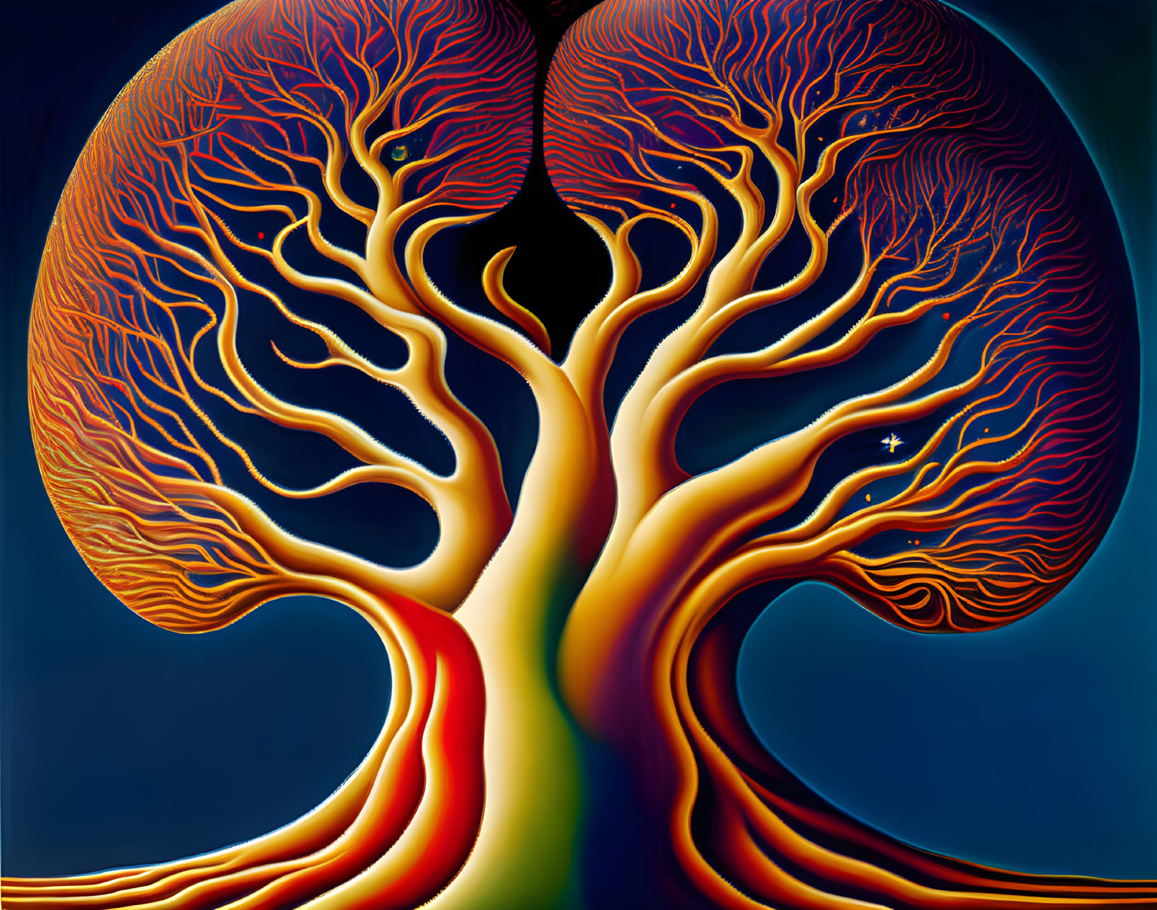 Stylized image of intertwined trees on dark blue background