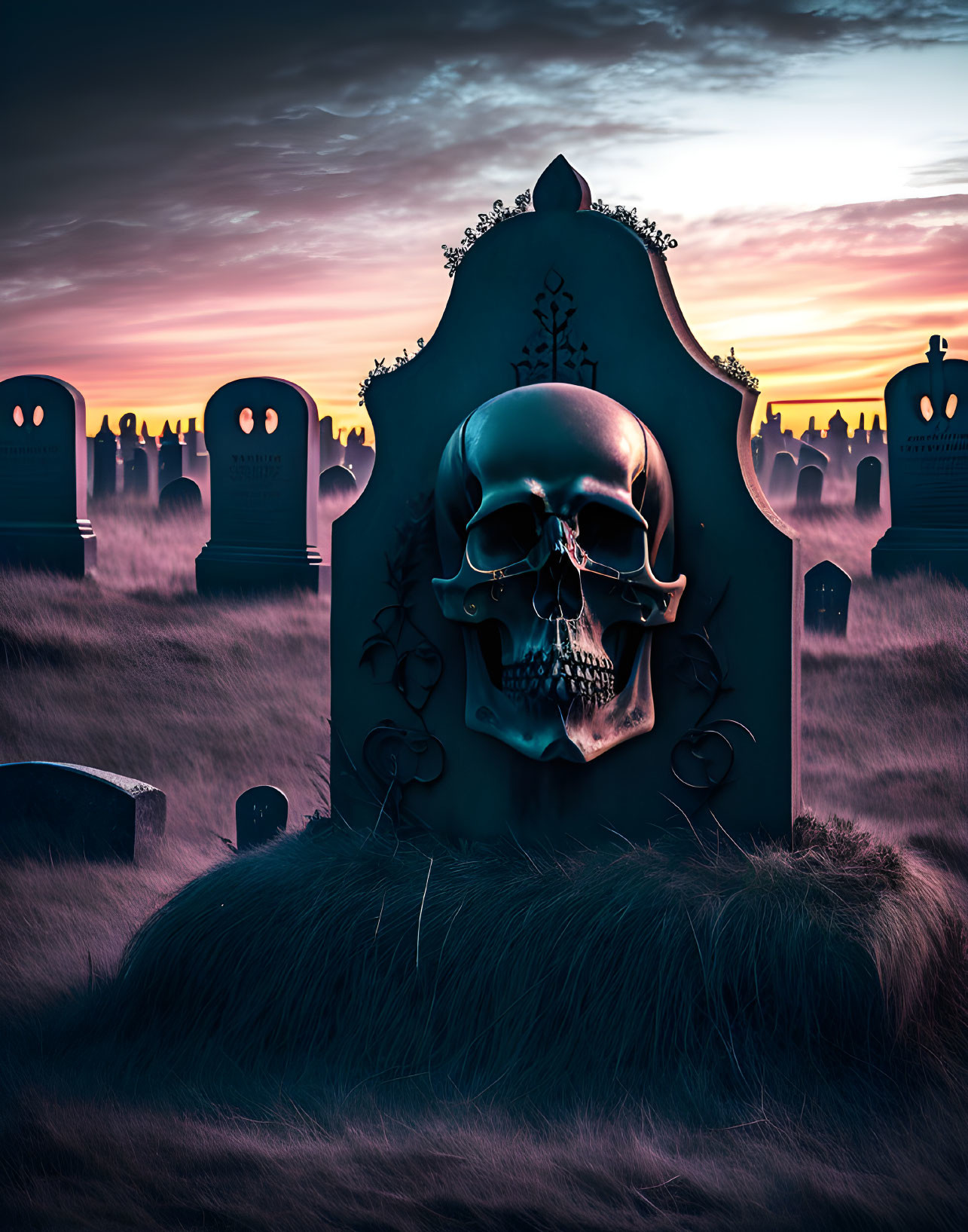 Eerie graveyard scene with skull tombstone at dusk
