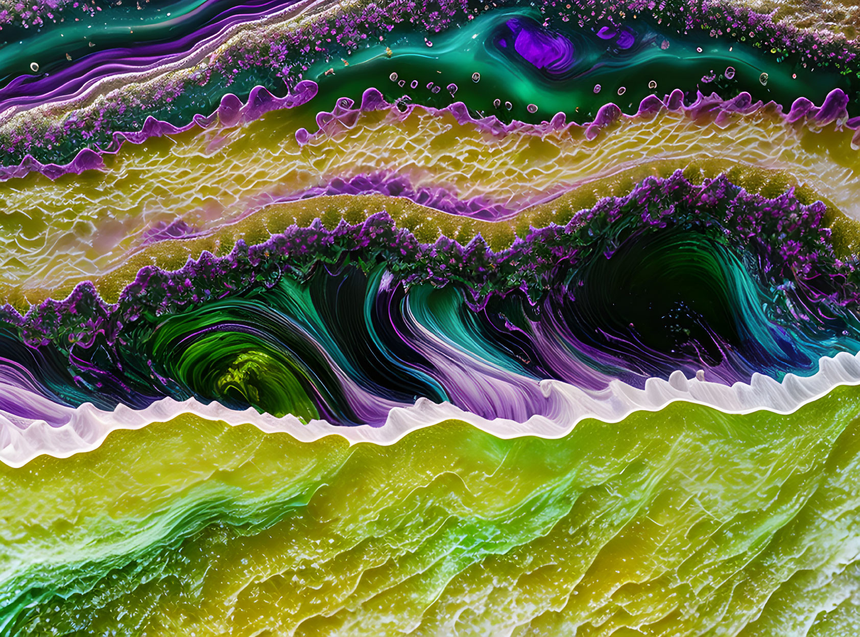 Abstract wavelike patterns in vibrant purple, green, and yellow hues with fluid textures