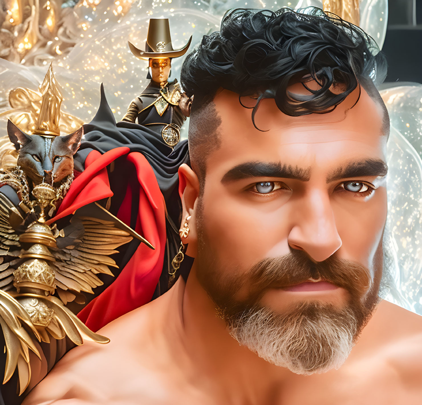 Curly-bearded man with intense gaze and whimsical background portrait.