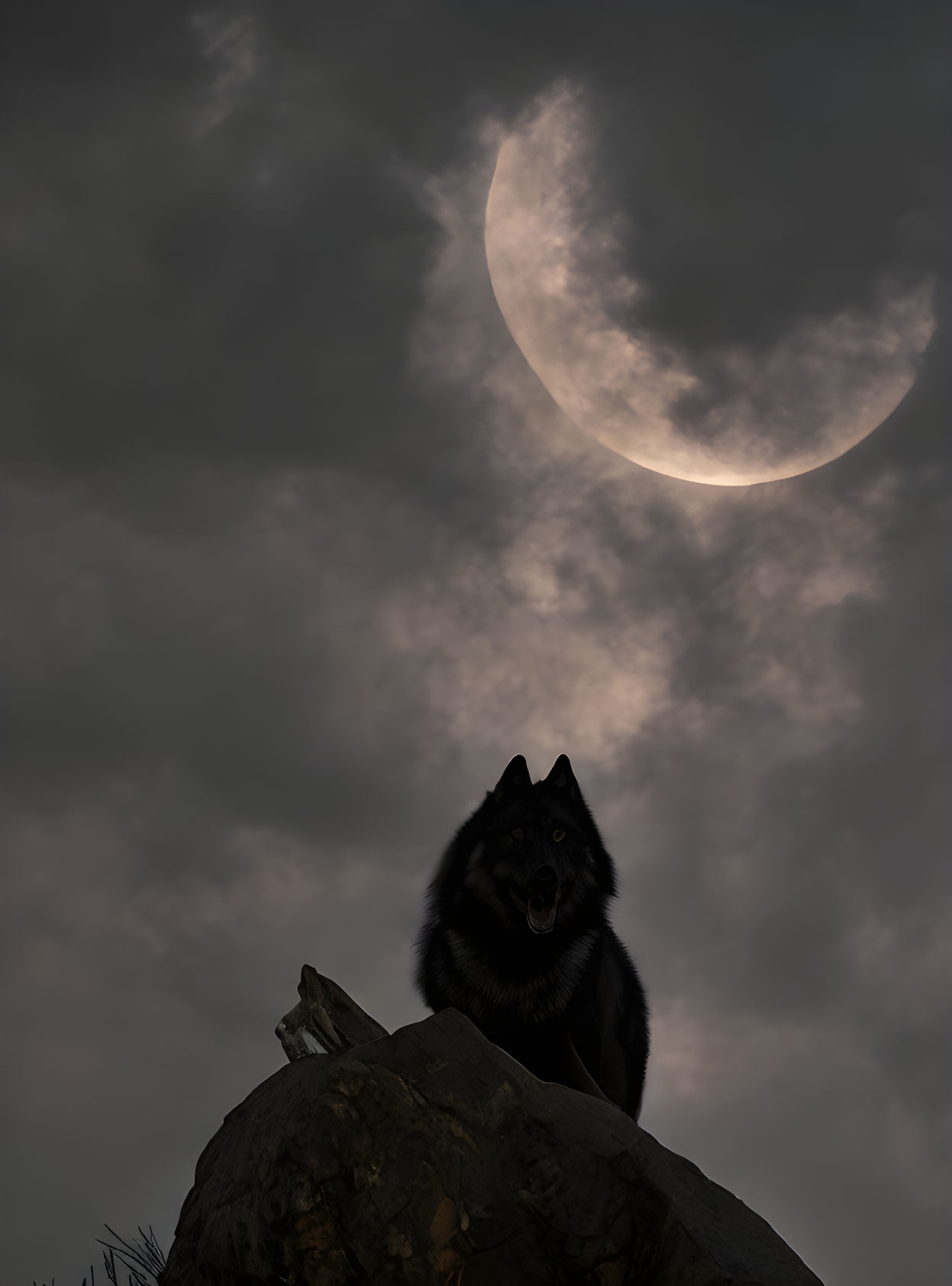 Black Wolf Howling on Rock Under Crescent Moon Sky