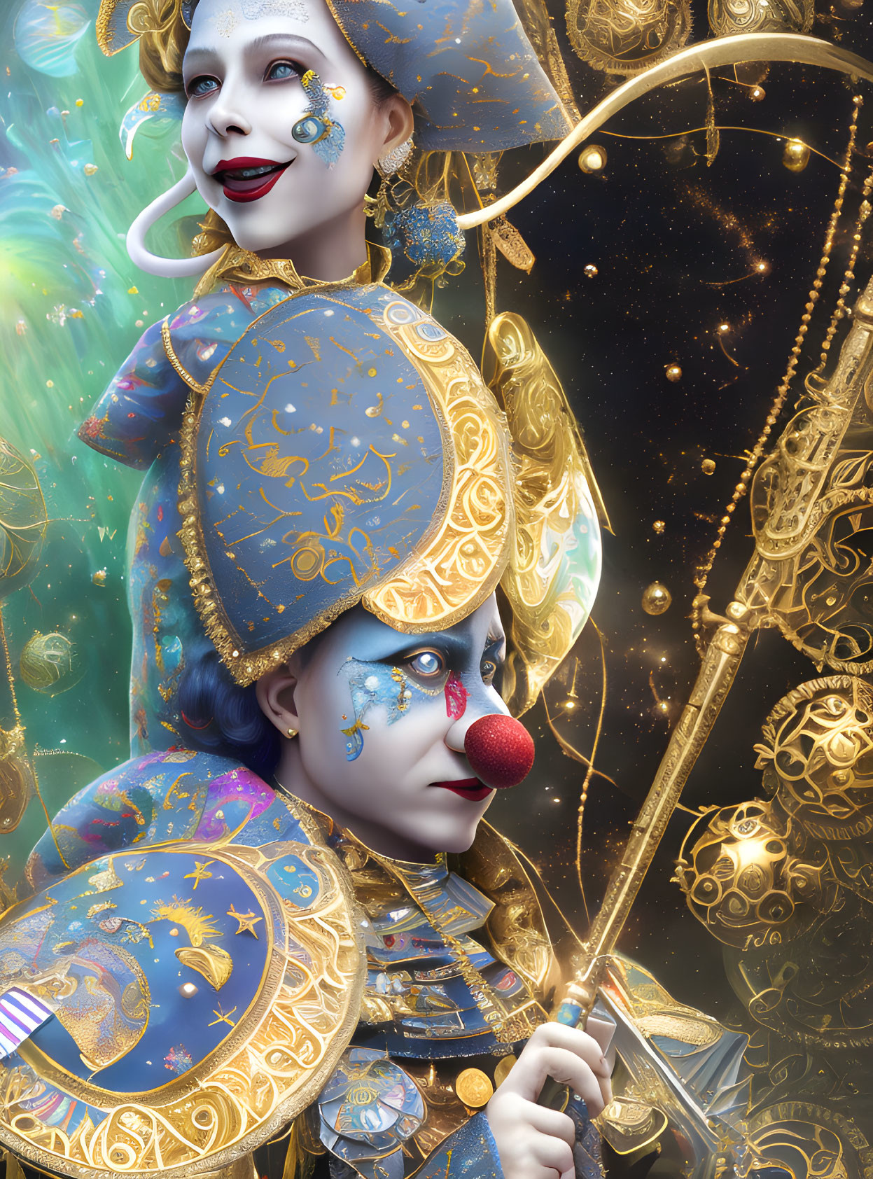 Celestial-themed whimsical clowns in golden swirl backdrop