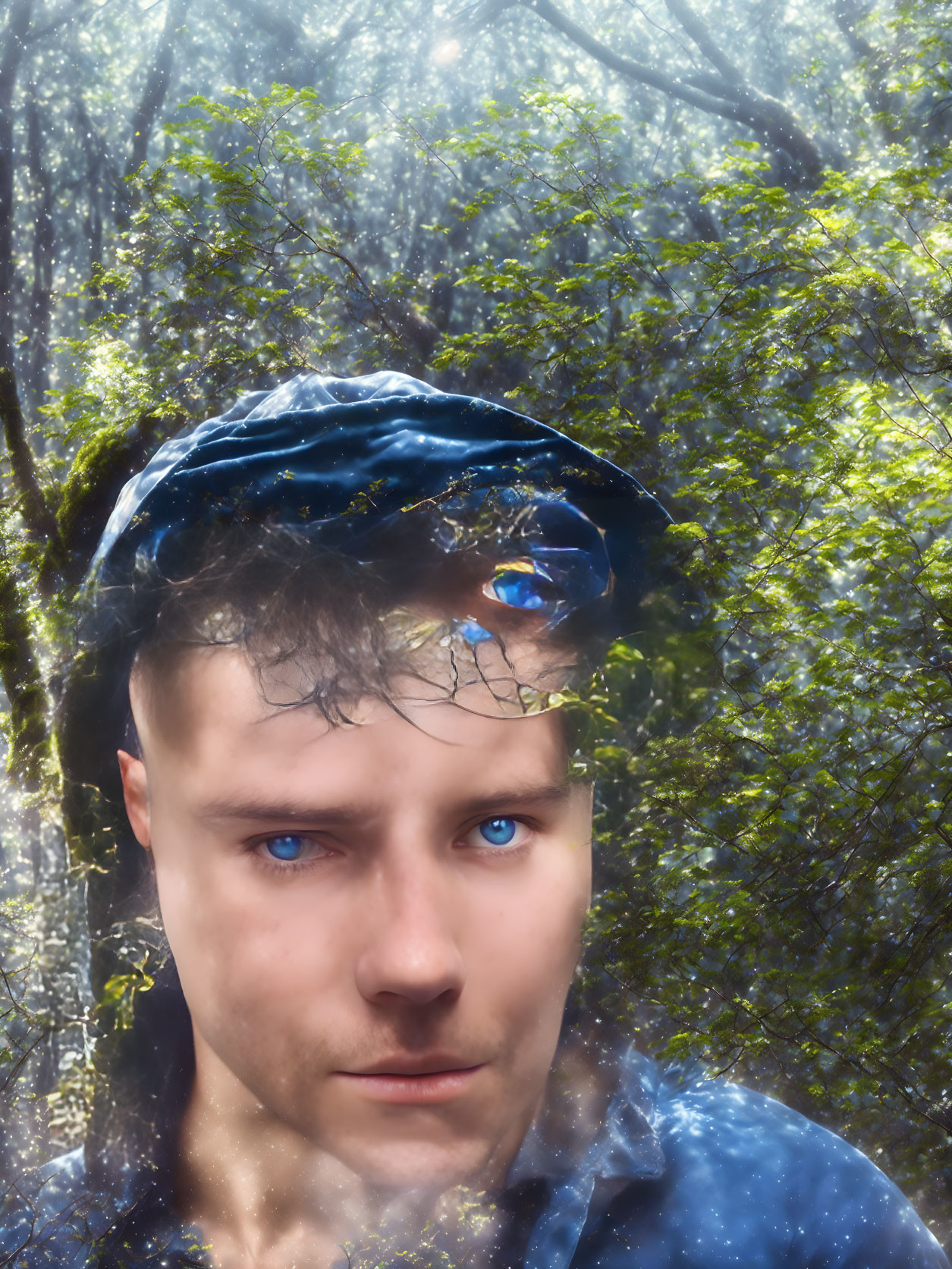 Blue-eyed person in black cap against foggy green forest.
