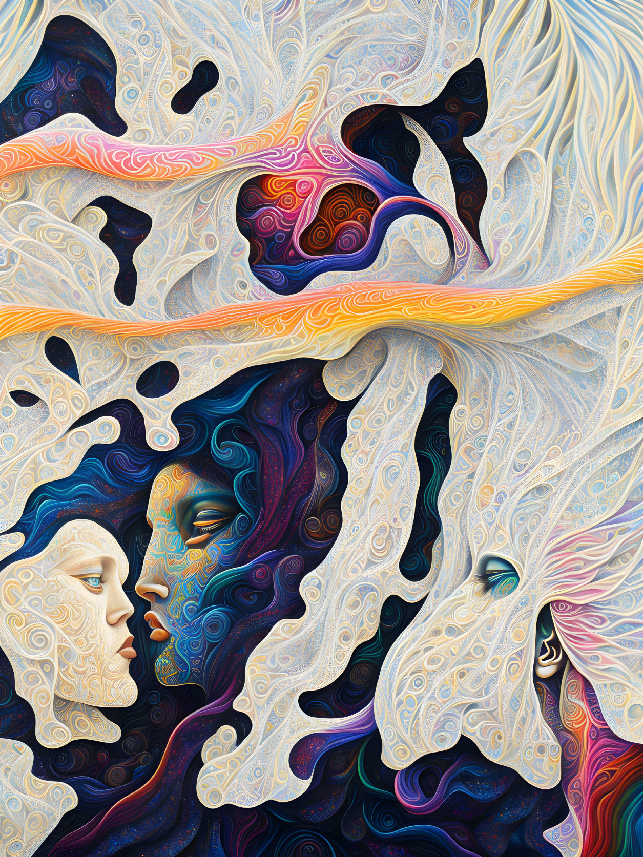 Colorful Abstract Artwork with Swirling Patterns and Faces Profiles