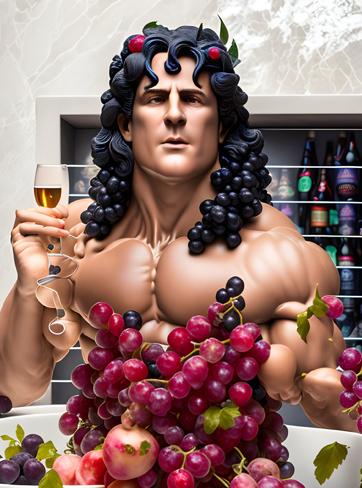 Vibrant illustration of muscular figure with grapevines, wine glass, and grapes.