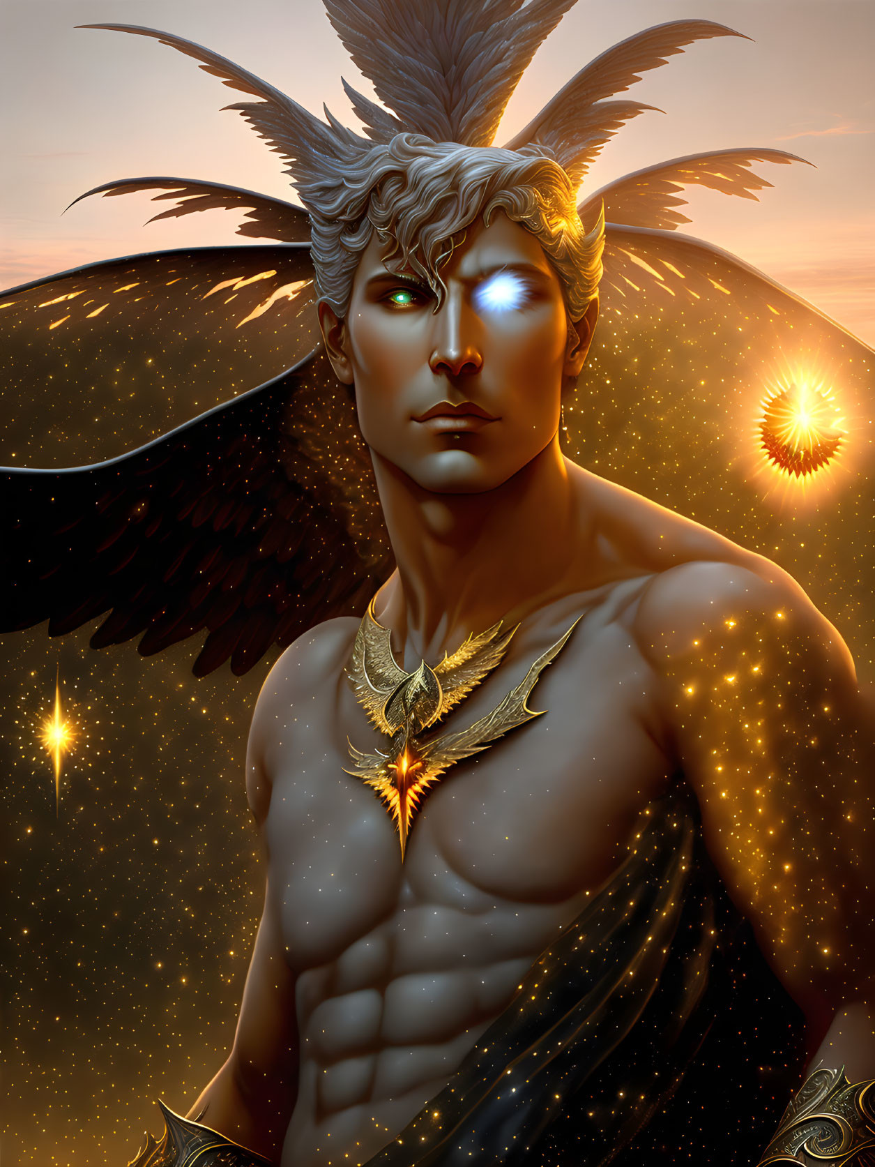 Illustrated figure with wings and glowing eyes against sunrise backdrop