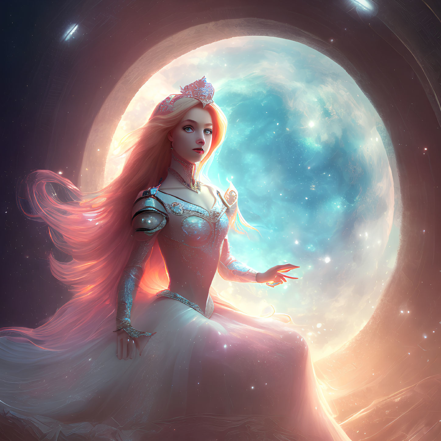 Cosmic fairytale princess with flowing hair and glowing halo in front of vivid blue planet