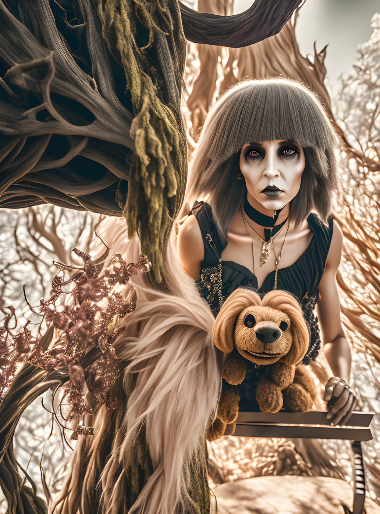 Gothic person with plush toy dog in sepia-toned forest