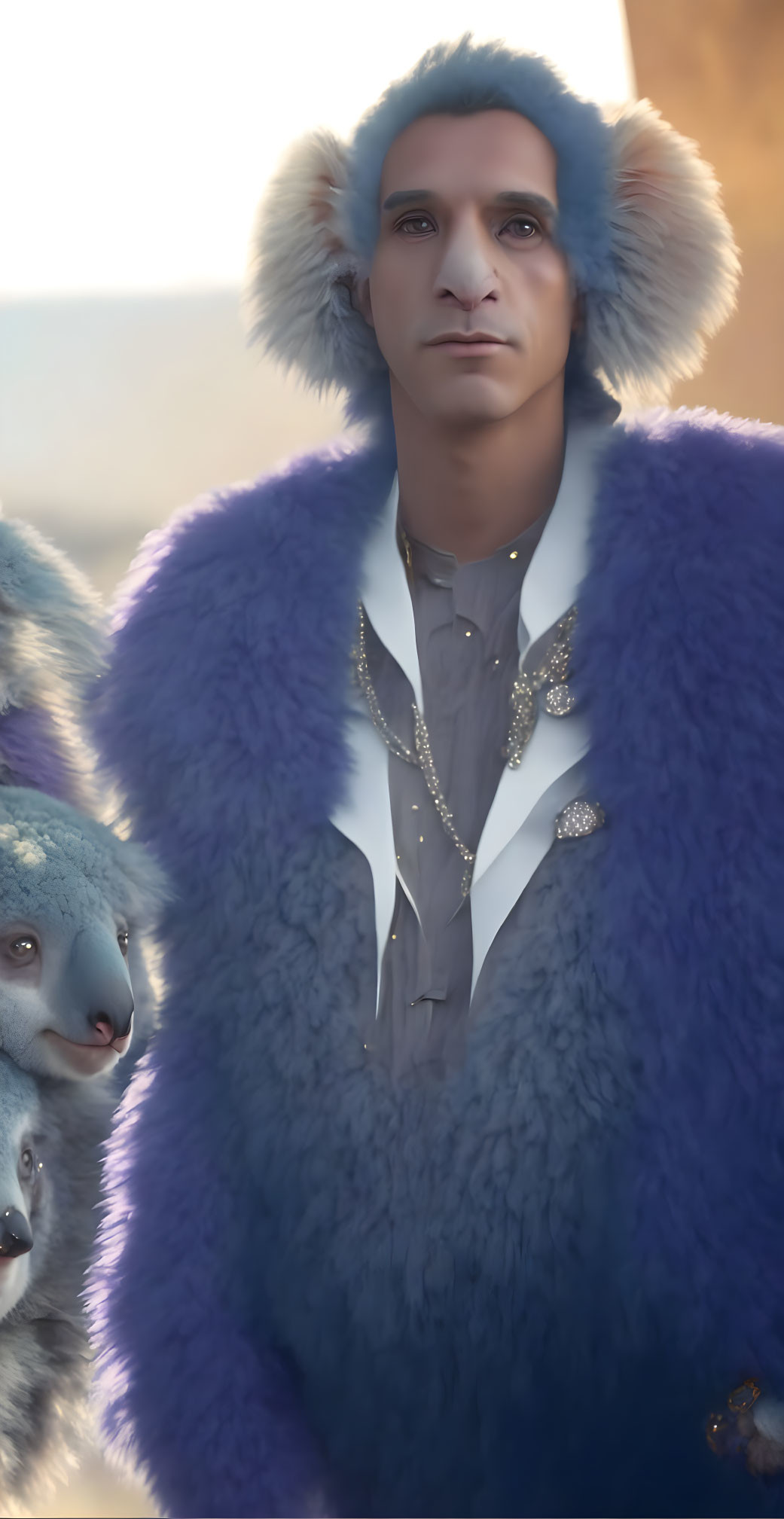 Elfin person in purple fur-trimmed coat with koalas