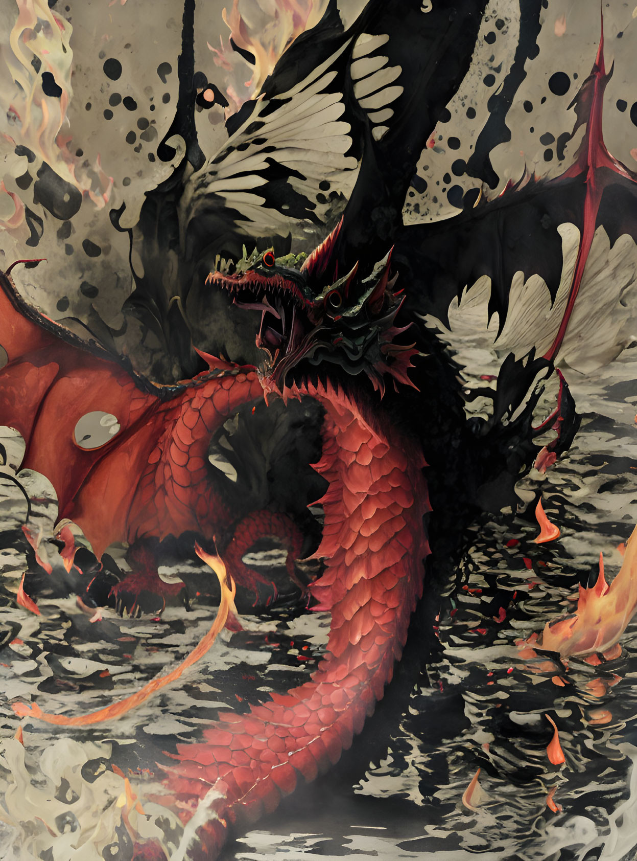 Red multi-headed dragon breathing fire in smoky backdrop