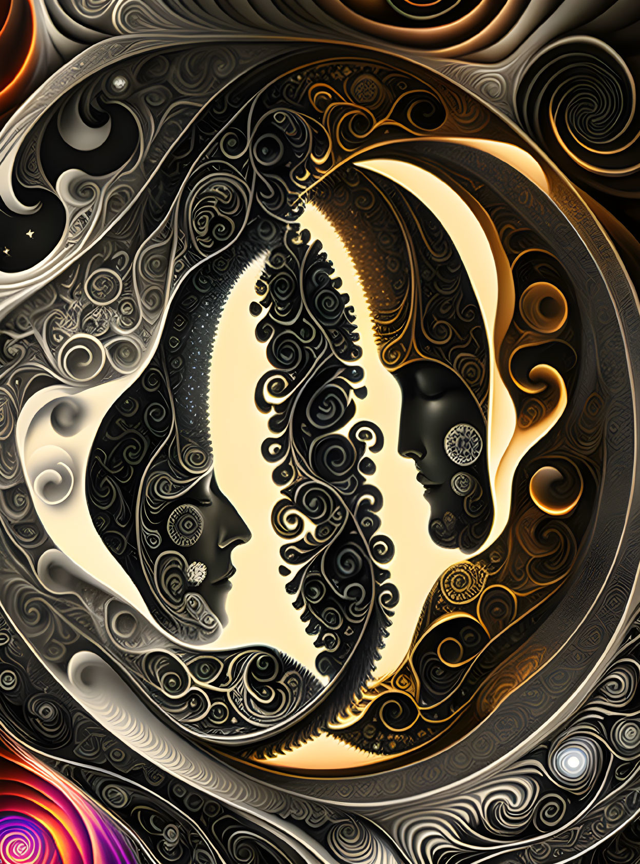Symmetrical digital art of stylized faces in gold, black, and white swirls