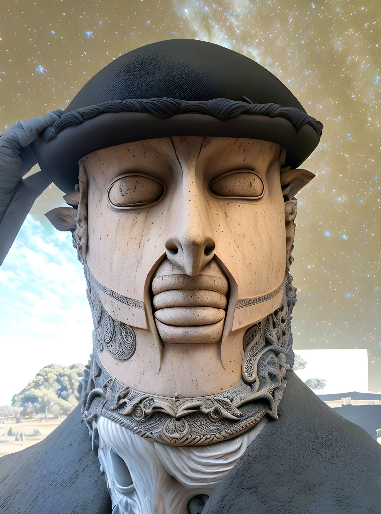Detailed humanoid face sculpture with closed eyes and beret against starry sky.