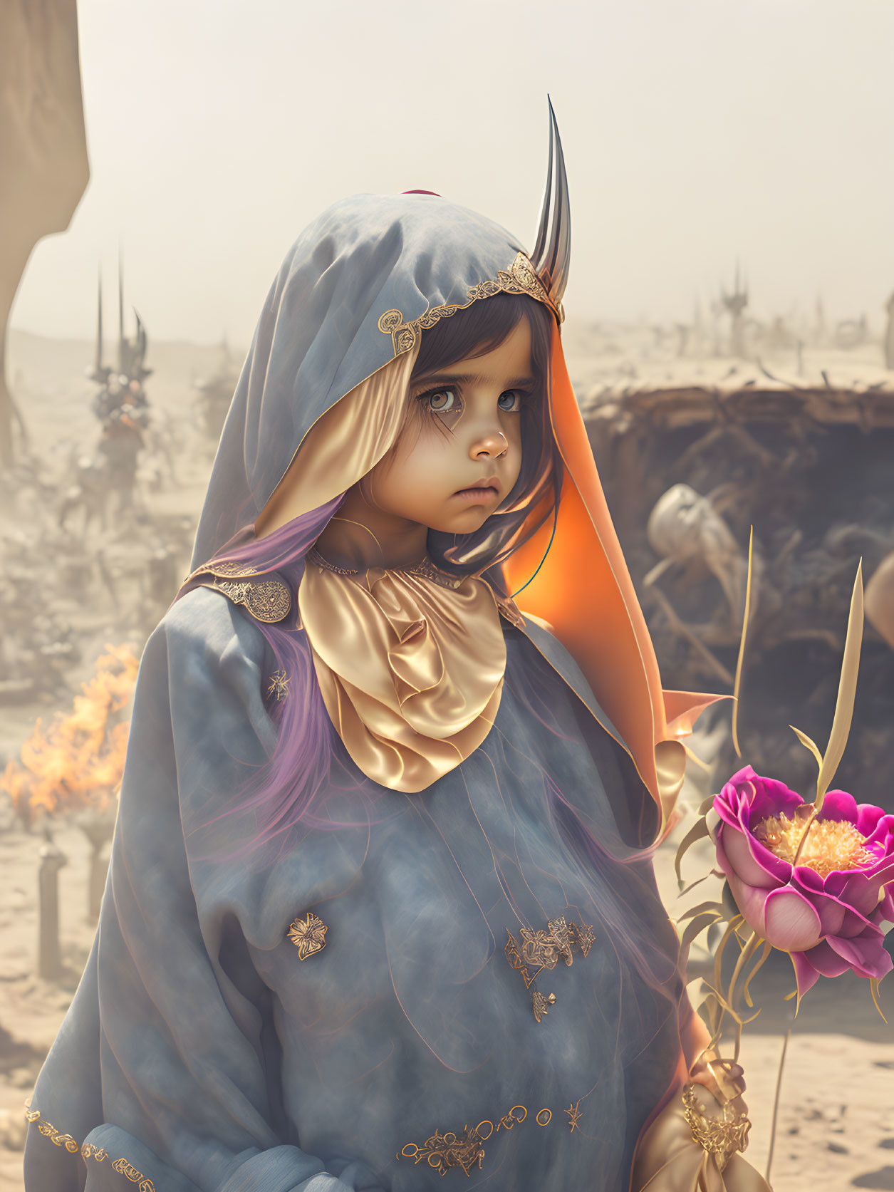 Young girl in blue hooded cloak with golden adornments in fantasy landscape.
